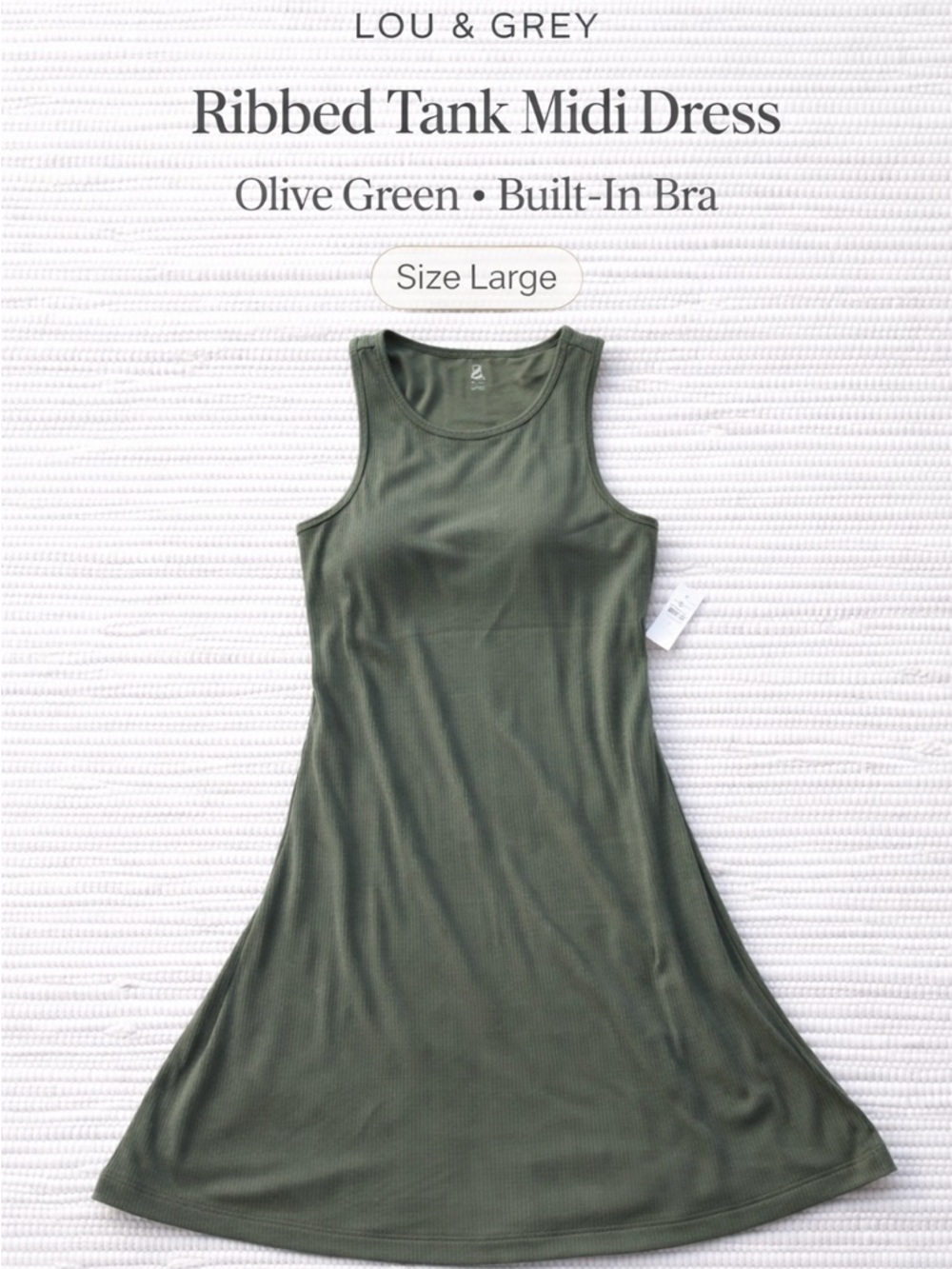 Lou & Grey Ribbed Tank Midi Dress Olive Green Built-In Bra NWT Sz L